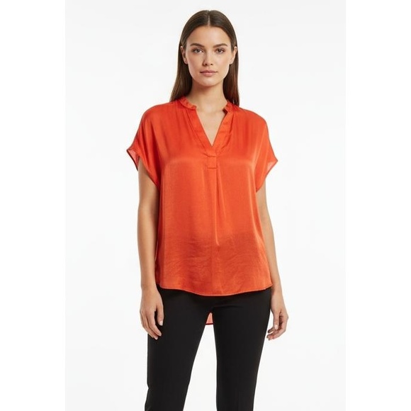 Maison D'Amelie Paris Orange V-Neck Band Collar Satin Short Sleeve Top Size XS - Picture 1 of 6